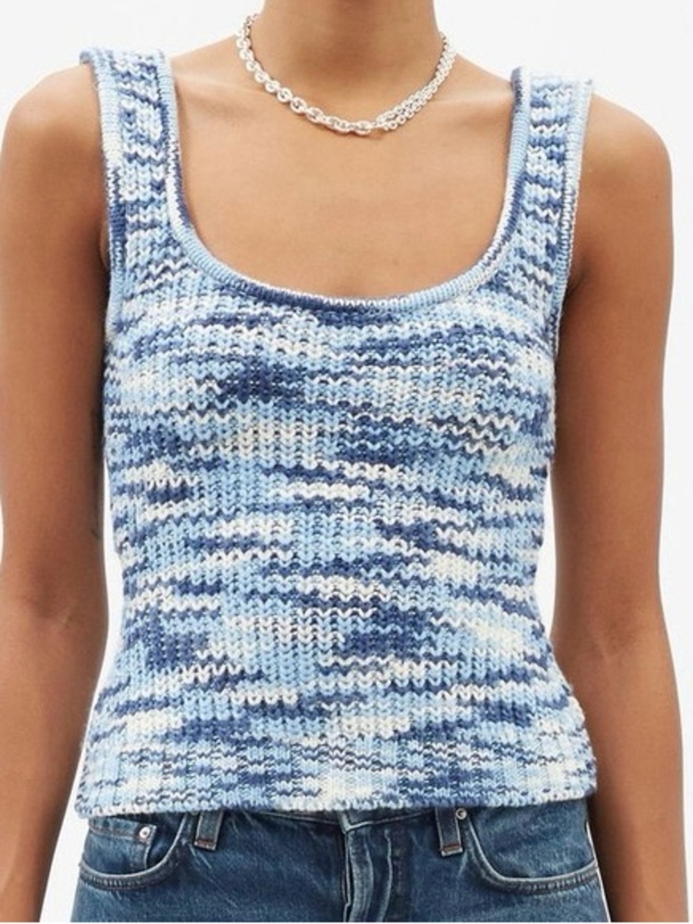 STAUD XL Blue & White Marled Space Dyed Knit Gardenia Sleeveless Tank Top
